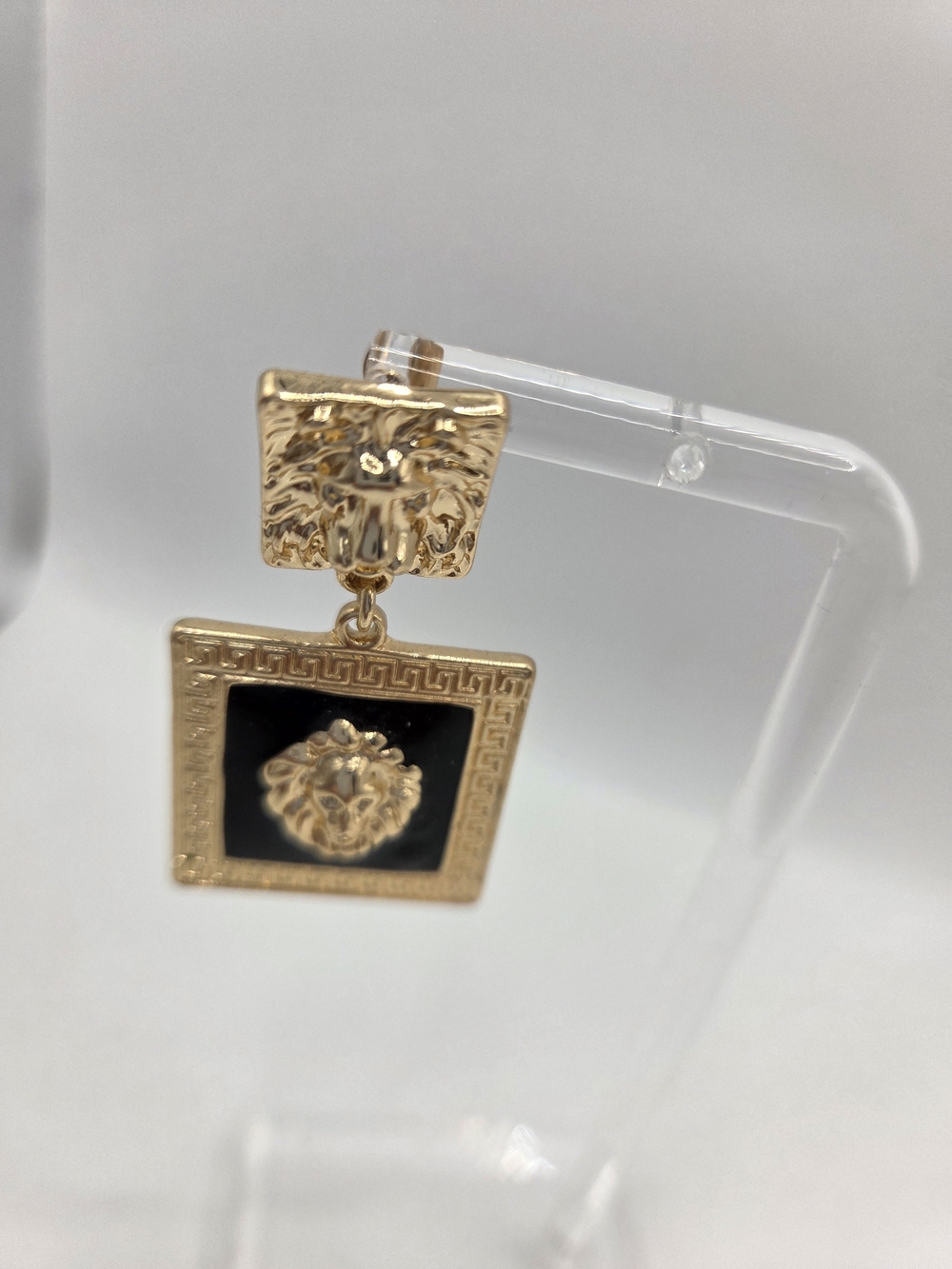 Mikayla Gold Lion Head Post With Dangle Lion Head Set In Black Enamel Earrings - Picture 6 of 9
